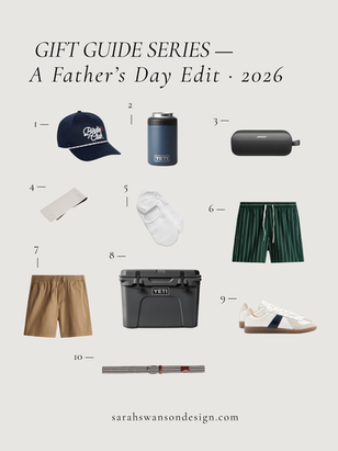 Neutral toned Father’s Day gift guide graphic featuring practical and elevated gifts for dads including a golf hat, YETI tumbler, portable speaker, golf accessory, socks, striped swim shorts, casual shorts, YETI cooler, classic white sneakers, and a woven belt styled in a clean editorial layout.