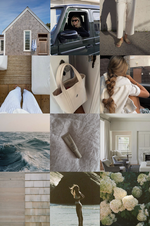 East Coast summer aesthetic mood board featuring coastal home exteriors, neutral interiors, ocean waves, hydrangeas, and a minimalist wardrobe with white denim, navy swimwear, a knit sweater, sandals, and a canvas tote.