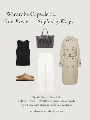 Spring capsule wardrobe featuring a classic trench coat styled three ways with neutral basics including a black tank, cardigan, white trousers, denim, sneakers, flats, and structured bags for effortless travel style.