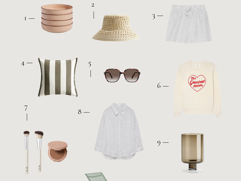 Mother’s Day gift guide collage featuring neutral home decor, striped clothing, woven hat, sunglasses, beauty products, and a minimalist outdoor lounge chair in soft, elevated tones.
