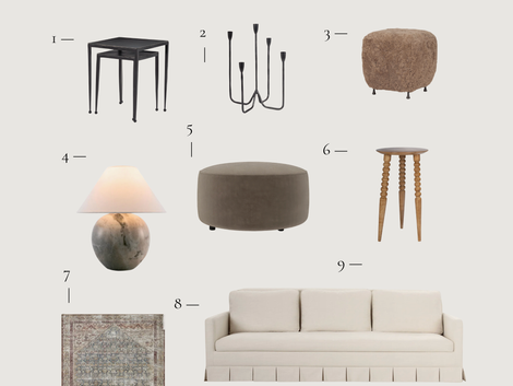 Joss & Main Black Friday in July sale featuring neutral furniture, slipcovered sofa, vintage rug, marble lamp, ottomans and home decor picks.
