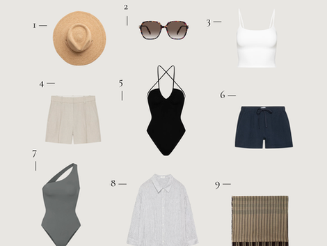 Minimal carry-on packing list for 5 nights in Mexico featuring neutral travel wardrobe essentials including straw hat, sunglasses, white tank, linen shorts, black and grey one-piece swimsuits, navy shorts, oversized button-down shirt, lightweight scarf, and brown flip flops.