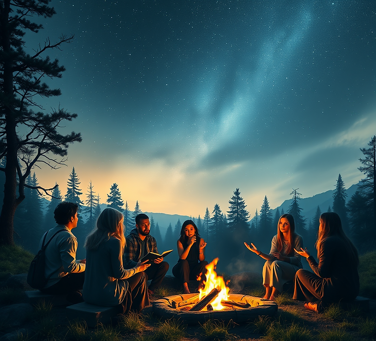 A mystical fantasy like image of people in modern clothing sitting under an open sky aroun