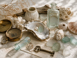 Coastal treasures with an oyster shell, sea glass, shells and vintage finds