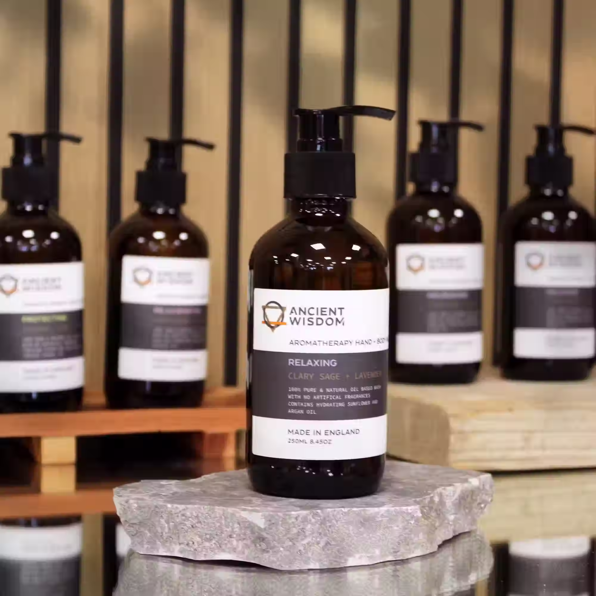Aromatherapy Hand and Body Wash collection in amber pump bottles