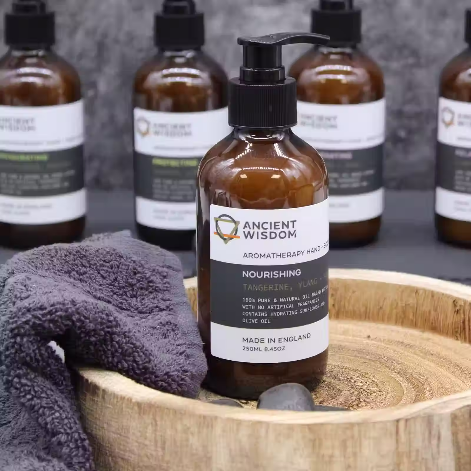 Aromatherapy hand and body lotions in amber glass bottles