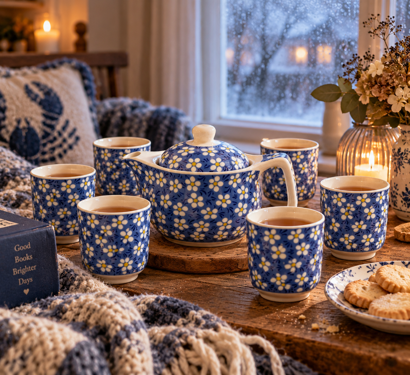 Blue Daisy tea set styled for a cosy winter tea with matching cups, biscuits and warm candlelight.