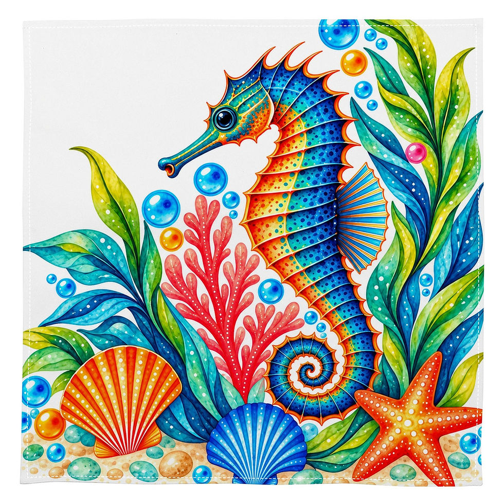 Colourful seahorse and coral design printed on a white cotton table napkin