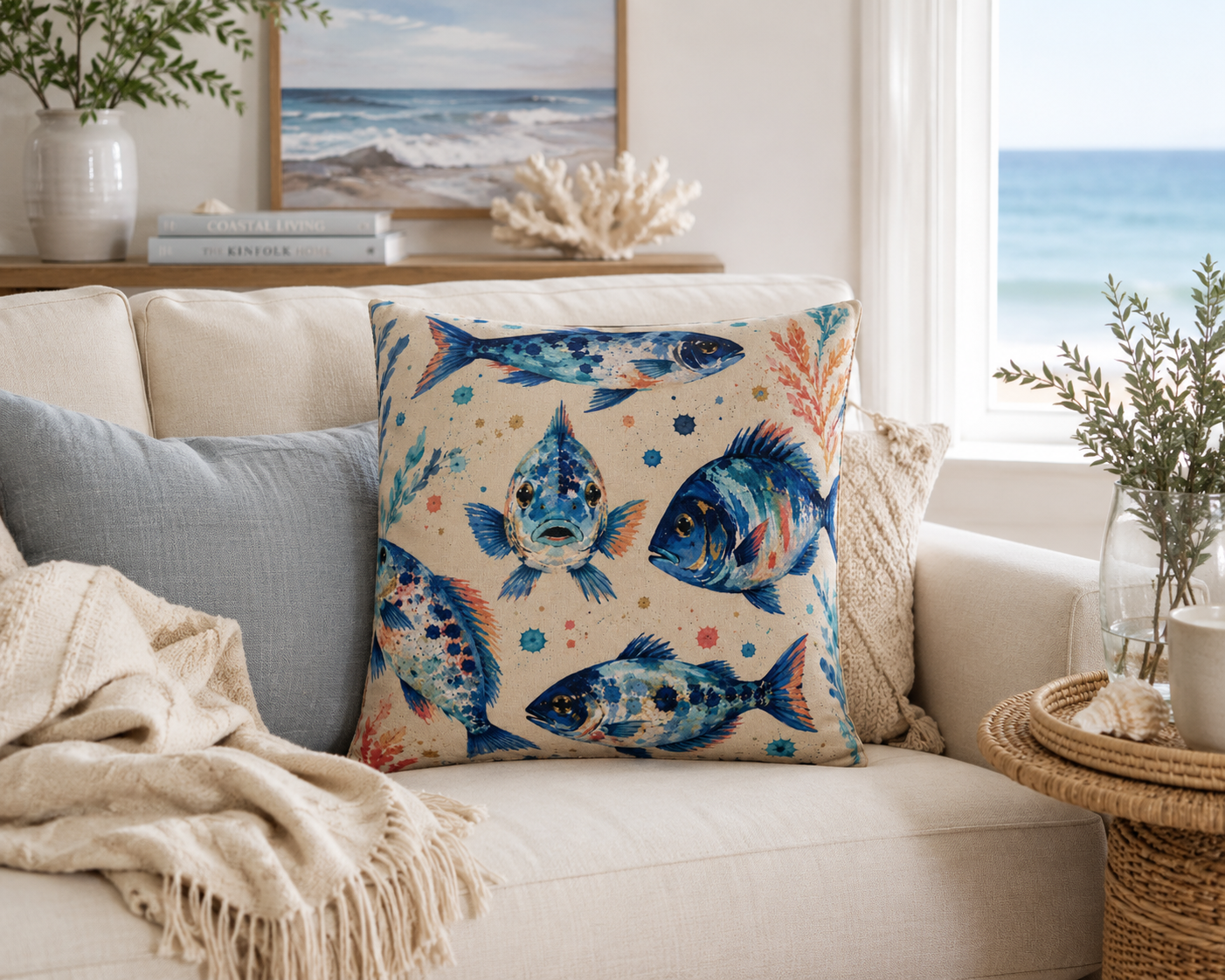 Coastal Shoal ocean fish cushion styled on a neutral sofa in a coastal living room