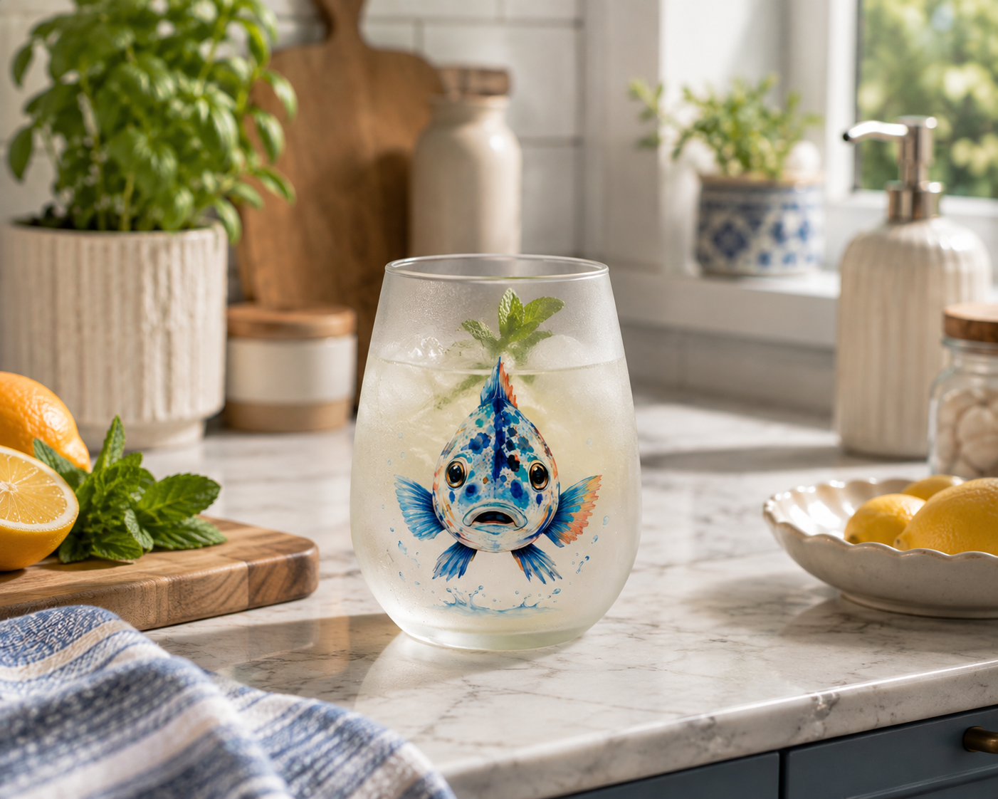Percy coastal stemless glass styled in a bright kitchen