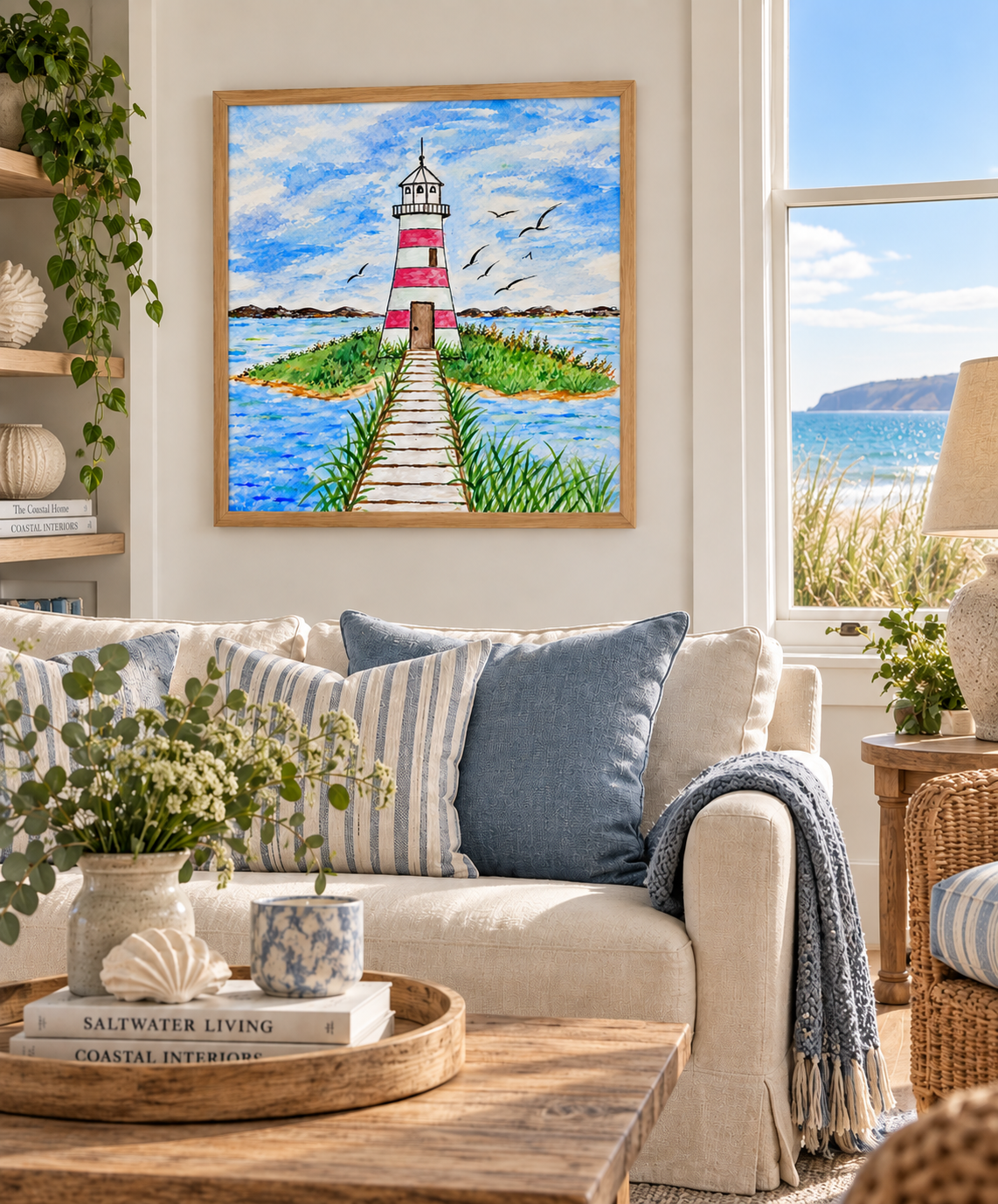 Where the Boardwalk Leads in an oak frame styled in a coastal living room with sea view