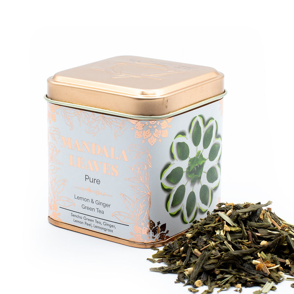 Classic Green Tea with Lemon and Ginger loose-leaf tea in a decorative tin with the tea blend displayed alongside.