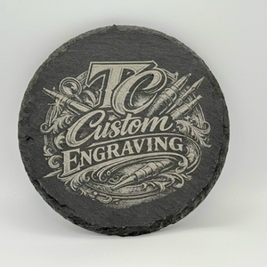 Custom personalized logo engraving on a circular slate 4 inch stone. 