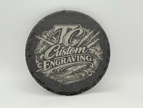 Custom personalized logo engraving on a circular slate 4 inch stone. 