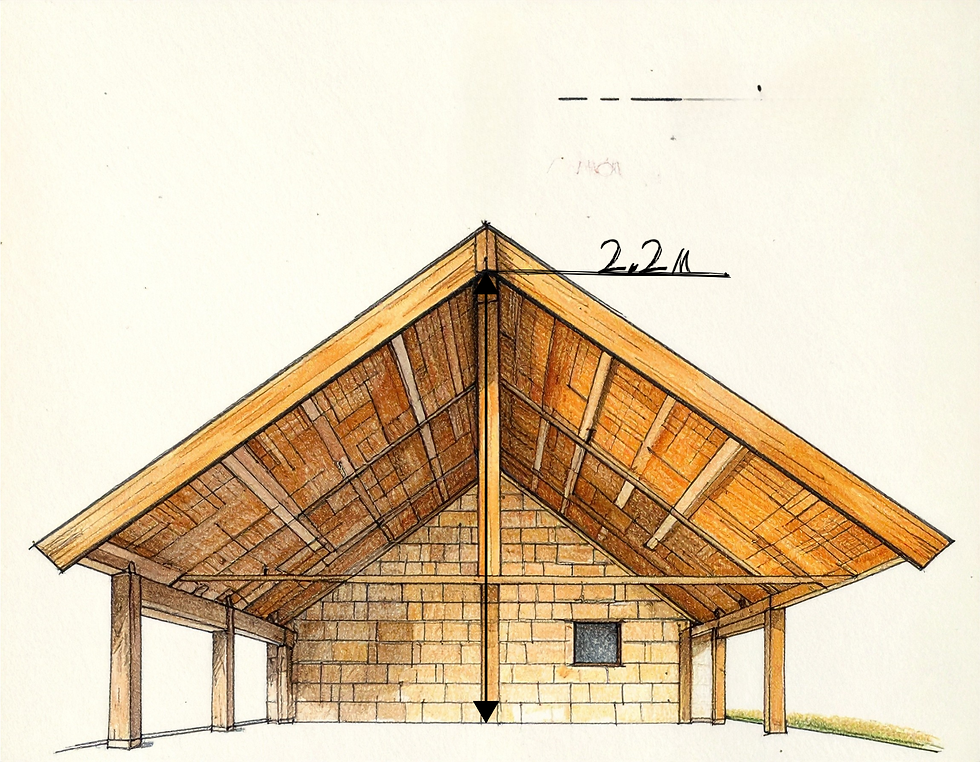 Illustration of a wooden roof structure with beams over a brick wall. Text reads Head height — minimum 2.2 metres Neutral tones highlight architectural details.