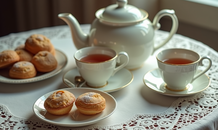 High angle view of vintage tea set with teapot, cups, and pastries on a lace tablecloth