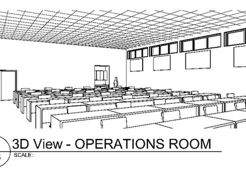 3D architectural drawing of operations room furniture layout