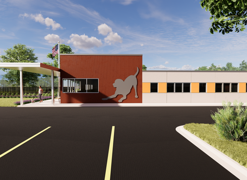 Architectural rendering of a modern pet facility with a cat cutout