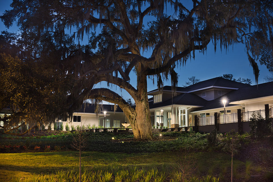 Exterior view of hospice care center lit at night with a large oak tree.