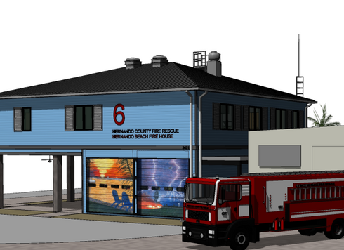 Rendered Hernando County Fire Rescue Station 6 Crew Quarters addition with fire truck