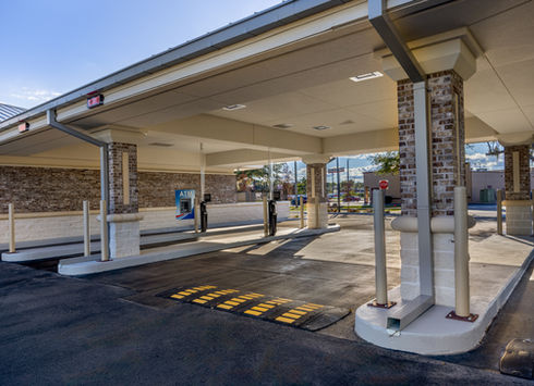 Covered bank drive-through area with multiple lanes