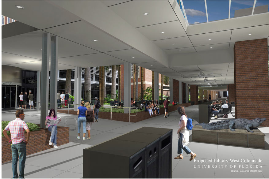 Close up 3D rendering of a library entrance with skylight, brick colonnade, benches, a gator statue and trashcans with students walking, sitting, and studying at tables
