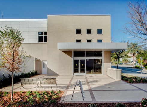 Modern civic building exterior entry