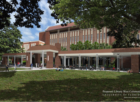 Rendered proposed Library Colonnade from across the lawn