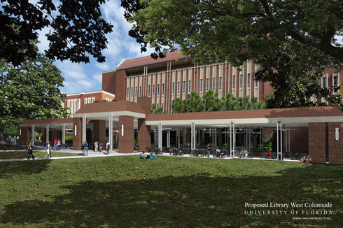 Rendered proposed Library Colonnade from across the lawn