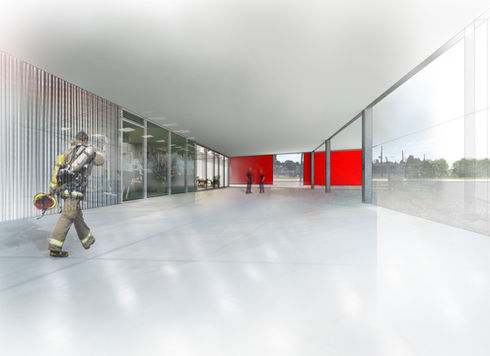 Rendering of Firefighter walking inside modern fire station