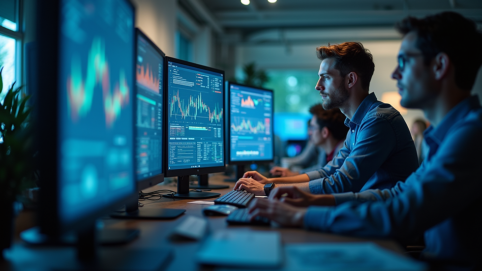 Eye-level view of a digital marketing team analyzing data on multiple screens