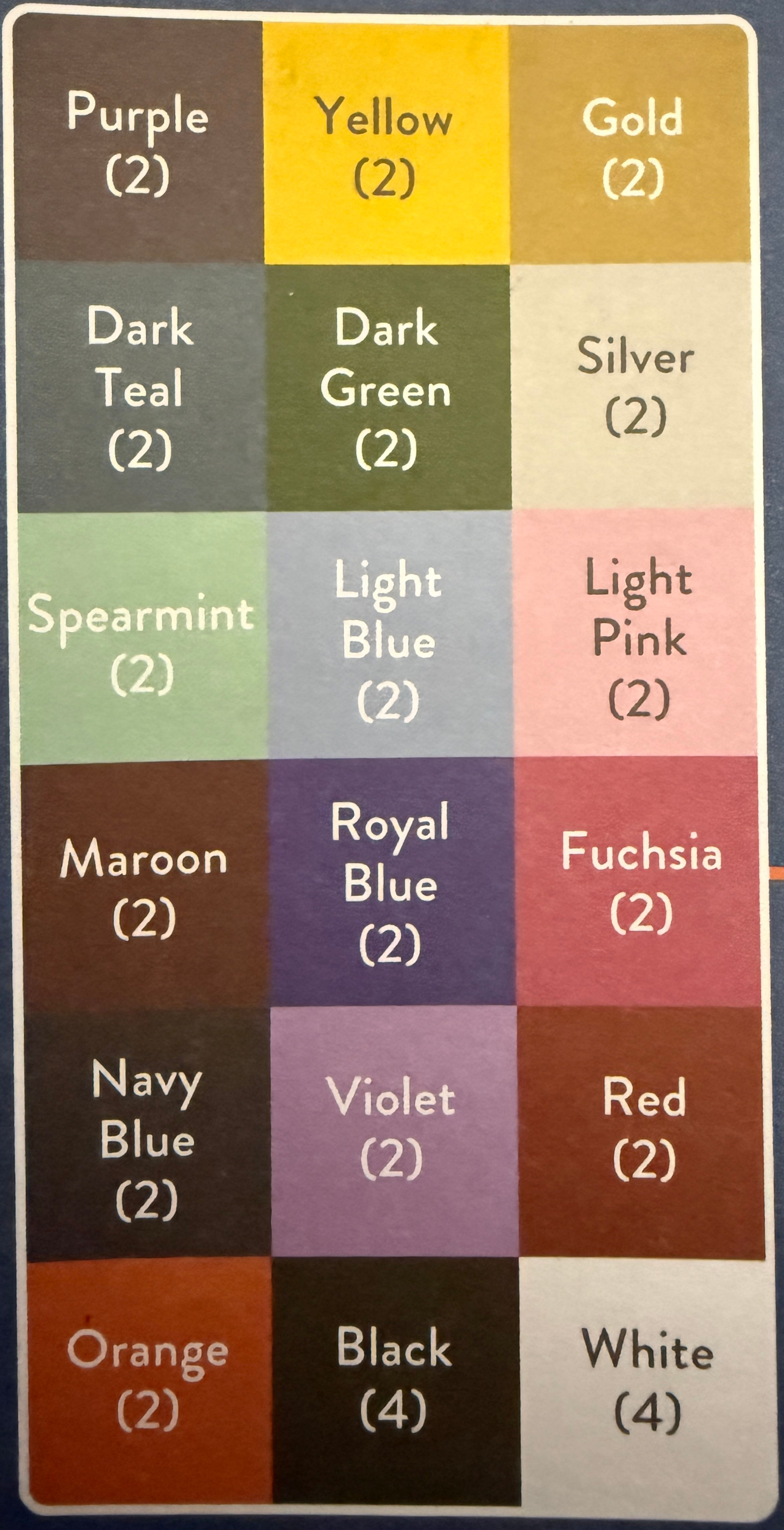 Color chart for Vinyl offerings