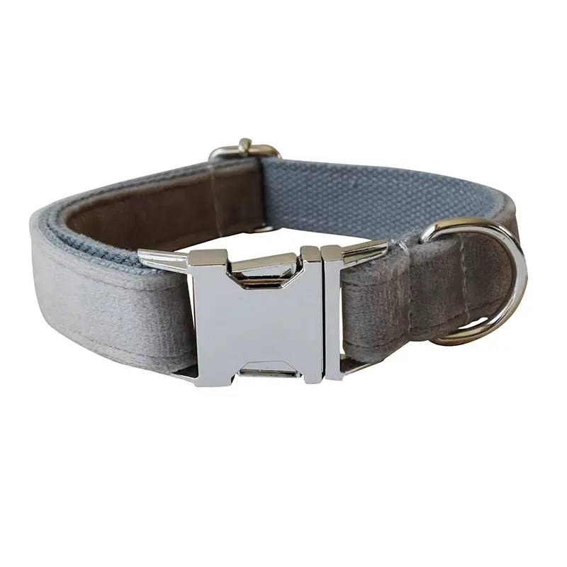 Thumbnail: Grey Velvet Dog Collar & Leash Set with Bow Tie, Free Name Engraving