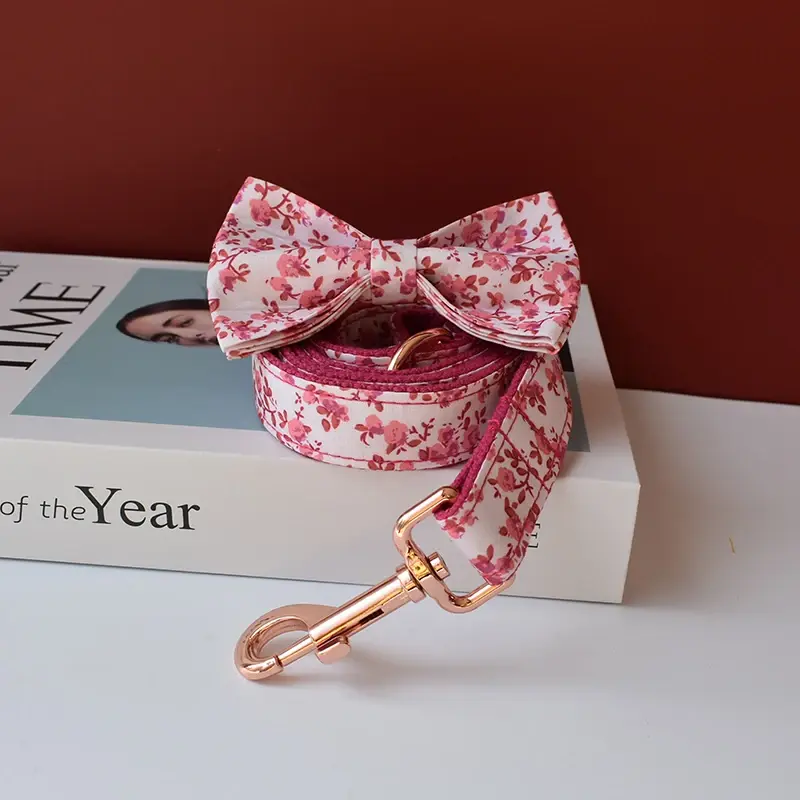 Thumbnail: Pink Floral Dog Collar & Leash Set with Bow Tie, Free Name Engraving