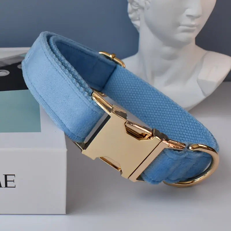 Thumbnail: Blue Velvet Dog Collar & Leash Set with Bow Tie, Free Name Engraving