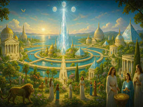 Fantasy cityscape with domed palaces, pyramids, and canals. People in robes, a lion, and glowing objects create a serene atmosphere under a bright sky.