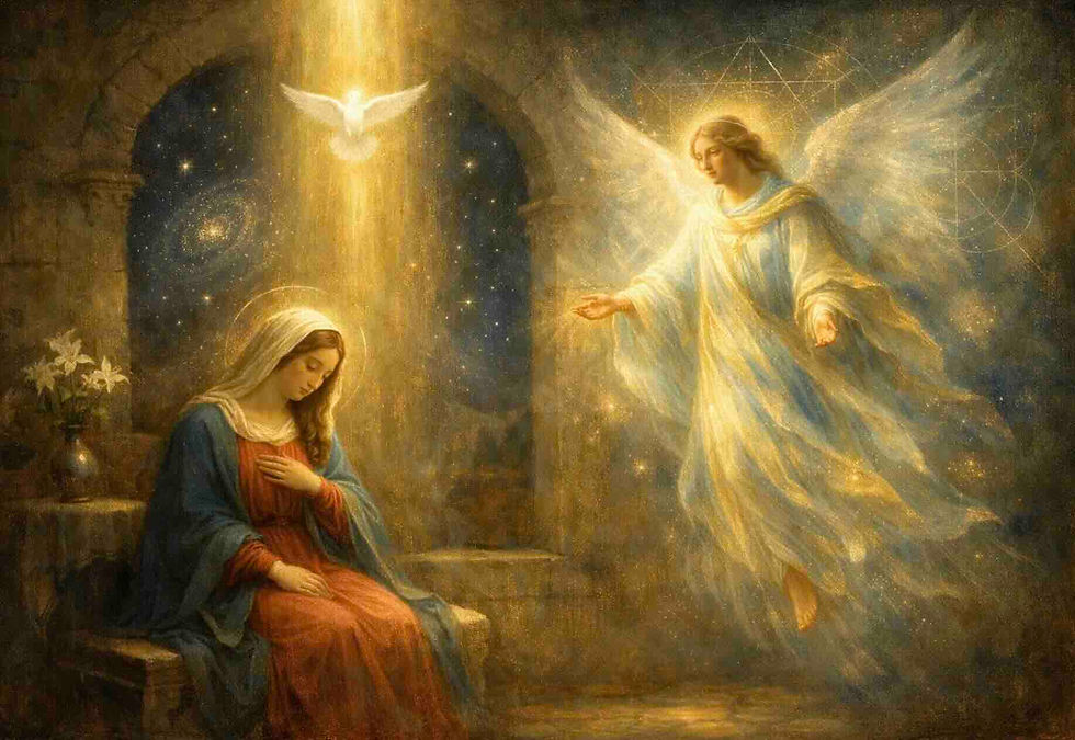 An angel in a glowing robe and a kneeling woman with hands on her chest are bathed in golden light. A dove descends from above.