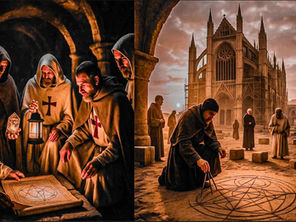 A cinematic sequence bridging two worlds: beneath the Temple of Solomon, a small circle of Templar monks uncovers ancient scrolls and crystal relics etched with sacred geometry. Dust motes swirl in lamplight as they recognize what they’ve found—the lost science of light and proportion. The camera then transitions to medieval Europe at sunrise, where these same geometric diagrams are redrawn in sand by master builders outside a rising Gothic cathedral. Monks and architects collaborate in silence, aligning stone, sound, and sunlight. The tone is reverent and intelligent—history and mysticism woven as one. Warm golden lighting, deep textures, and atmosphere reminiscent of a Ridley Scott epic infused with spiritual symbolism.