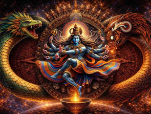 A deity with multiple arms dances in vibrant robes, flanked by two colorful serpents, set against a cosmic, ornate background.