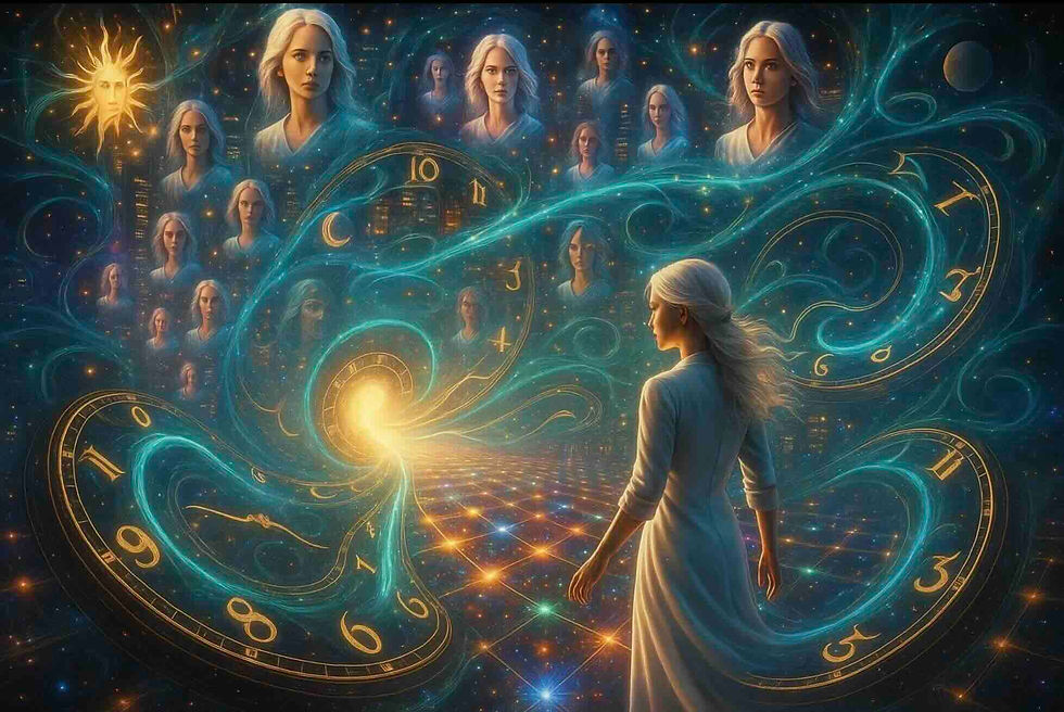 Woman in white stands on a glowing, grid-like path surrounded by swirling clocks, multiple identical faces, and cosmic patterns.