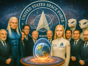 People and reptilian figures in suits stand around a glowing Earth orb. "United States Space Force" emblem in the starry background.