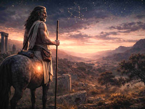 A centaur with a staff gazes over a rocky, ancient landscape at sunset, under a starry sky with constellations. Ruins and trees are visible.