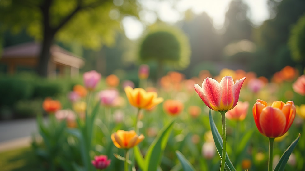 Wide angle view of a serene garden with blooming flowers