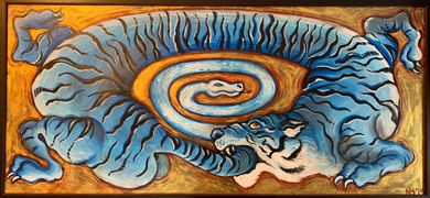 Blue tiger ouroboros with a serpent tail. 