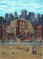 The tenement of baba Yaga dances with wings and one chicken leg in NYC.