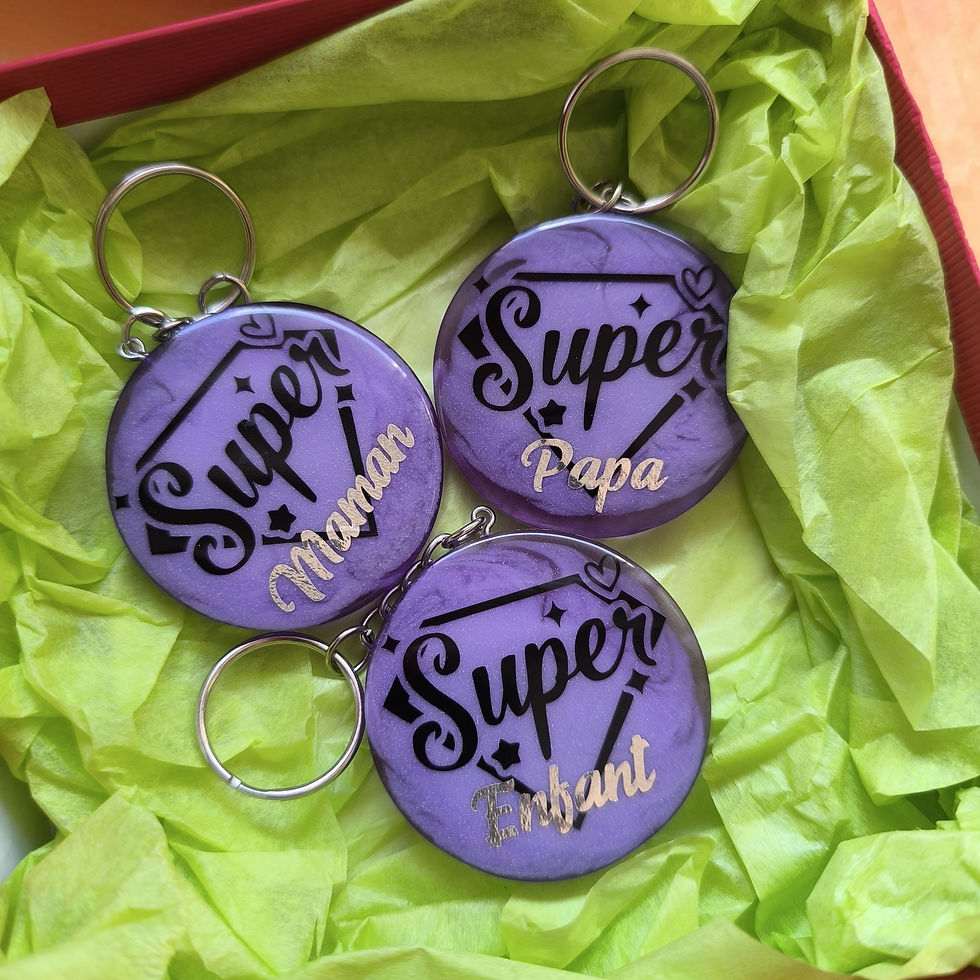 Coffret de trois porte-clés (super maman, super papa et super enfant)