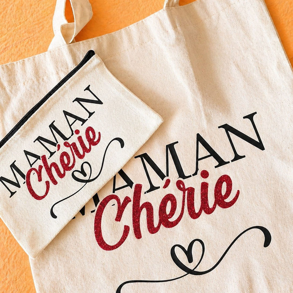 Miniatura: Coffret cadeau tote bag et trousse en coton naturel écru avec texte Maman Chérie