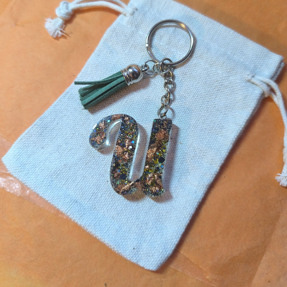Miniatura: Porte-clés lettre U en résine personnalisable avec prénom pailleté noir et cuivre