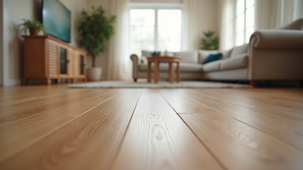 Eye-level view of wide plank hardwood flooring in a living room
