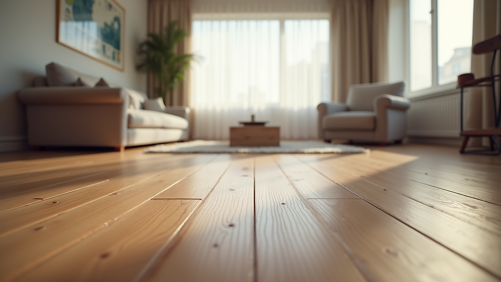 Eye-level view of wide plank wooden flooring in a modern living room